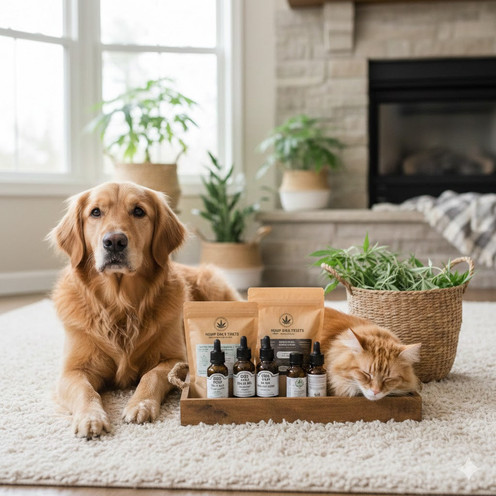 Hund und Katze im Wohnzimmer mit einigen Hanfprodukten