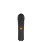 Black handheld device with an orange button and green indicator on a white background