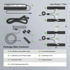ARAY 4 Grow Light - Pflanzlampfe. Package contents of LED lighting system with components and specifications on a gray background