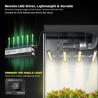 ARAY 4 Grow Light - Pflanzlampfe. LED light driver with green arrows indicating power flow, attached to a tent interior with plants, and text about remote control and dimming.