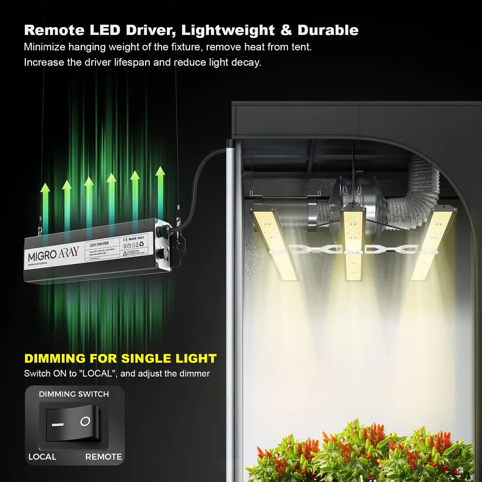 ARAY 3 Grow Light. 
LED grow light system with remote driver and dimming switch, used for indoor plants.