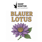 Blauer Lotus auf weißem Hintergrund mit Logo