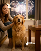 Woman sitting with a dog in a room with fireworks outside the window, featuring the brand 'HANFKONTOR'.