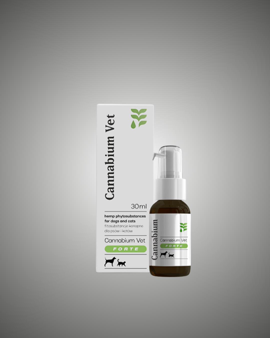 Cannabium Vet Forte bottle and packaging on a gray background