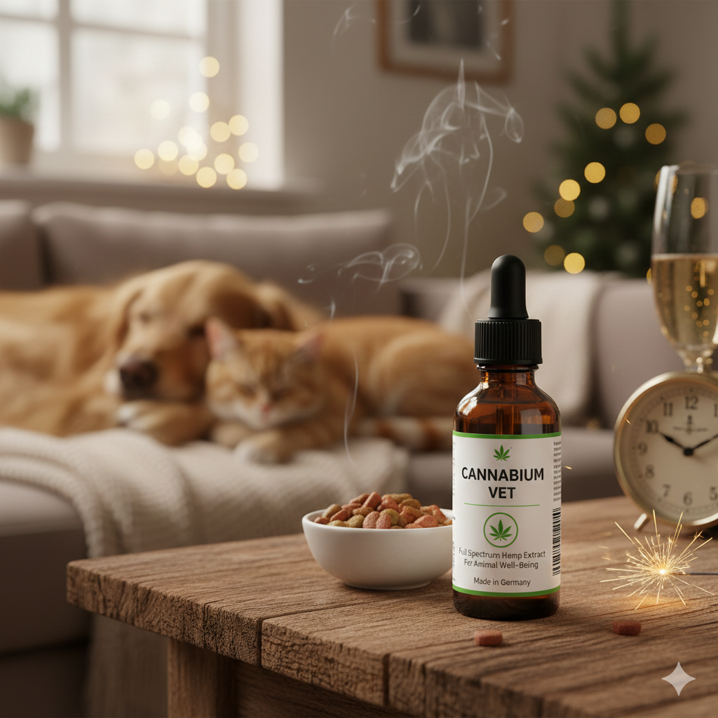 Hund und Katze auf Couch mit Cannabium Vet Flasche im Vordergrund