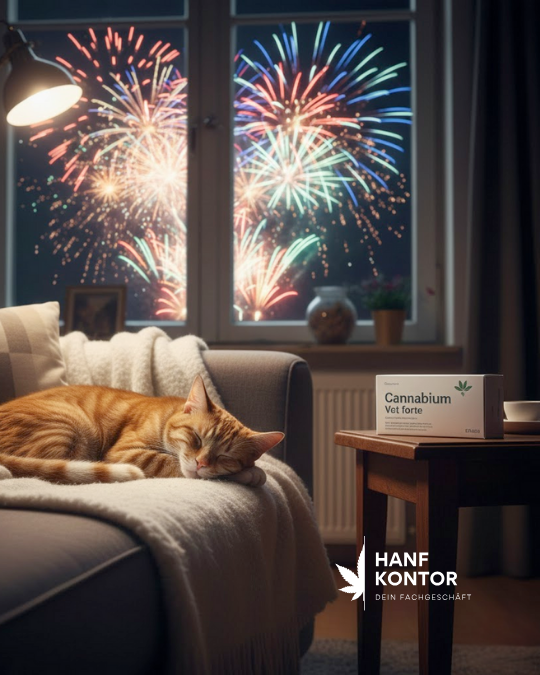 Cat resting on a couch with fireworks outside a window and a cannabis product box on a table.