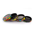 A four-piece metal grinder with a colorful floral pattern
