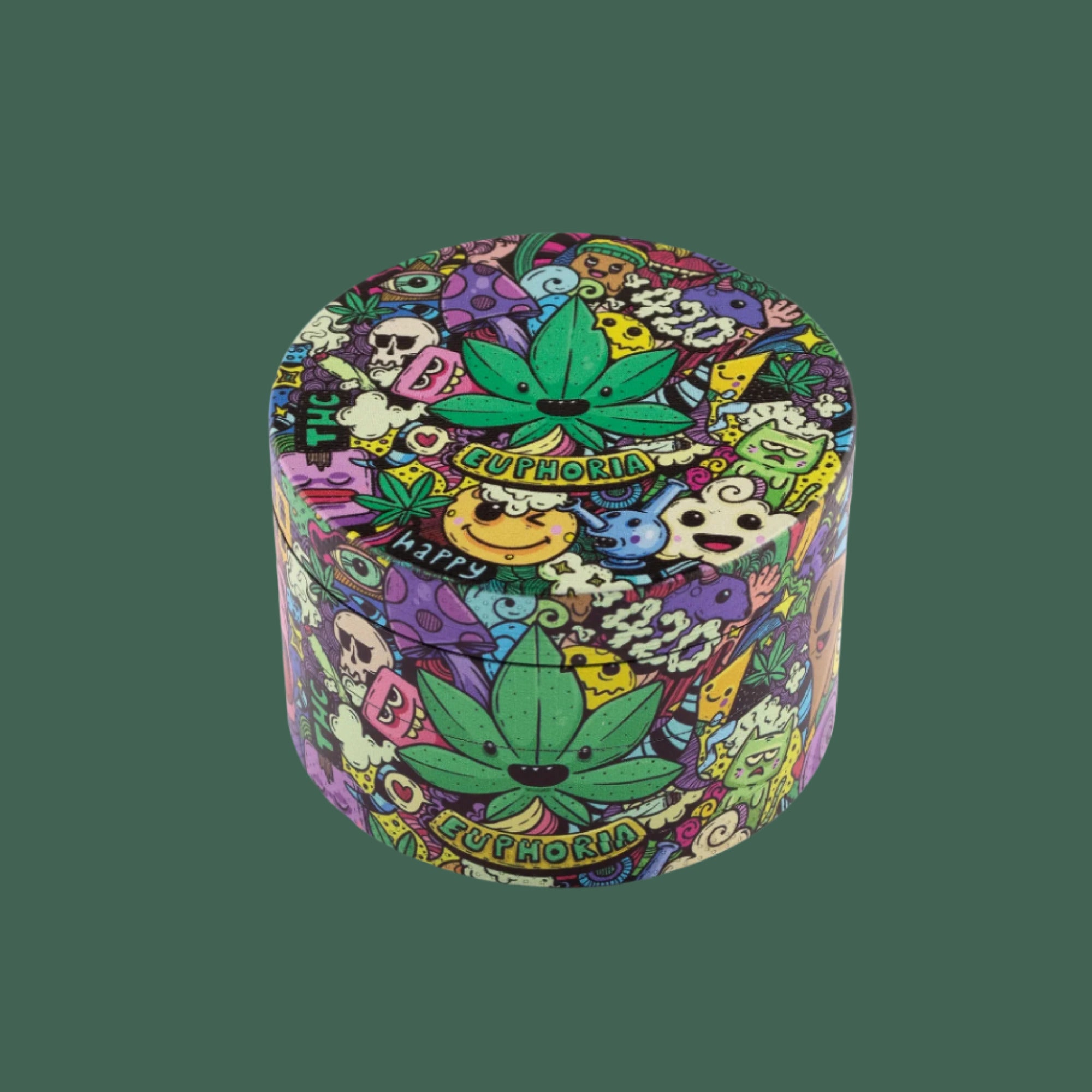A colorful metal grinder with various characters and the text 'Euphoria' featured prominently on the top.