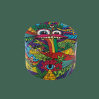 A metal grinder with a colorful and intricate pattern featuring various characters and motifs. 