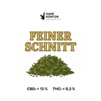 Product label for 'Feiner Schnitt' with bud trim, brand 'Hanf Kontor' logo, and percentages on a white background.