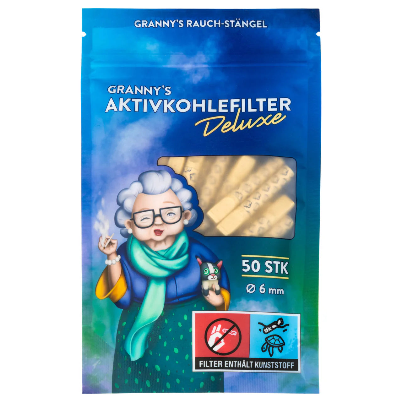 Packaging of Granny's Hybrid Deluxe Filter with an illustration of an elderly woman smoking a cigarette.