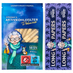 Packaging of Granny's Hybrid Deluxe Filter with an illustration of an elderly woman smoking a cigarette.