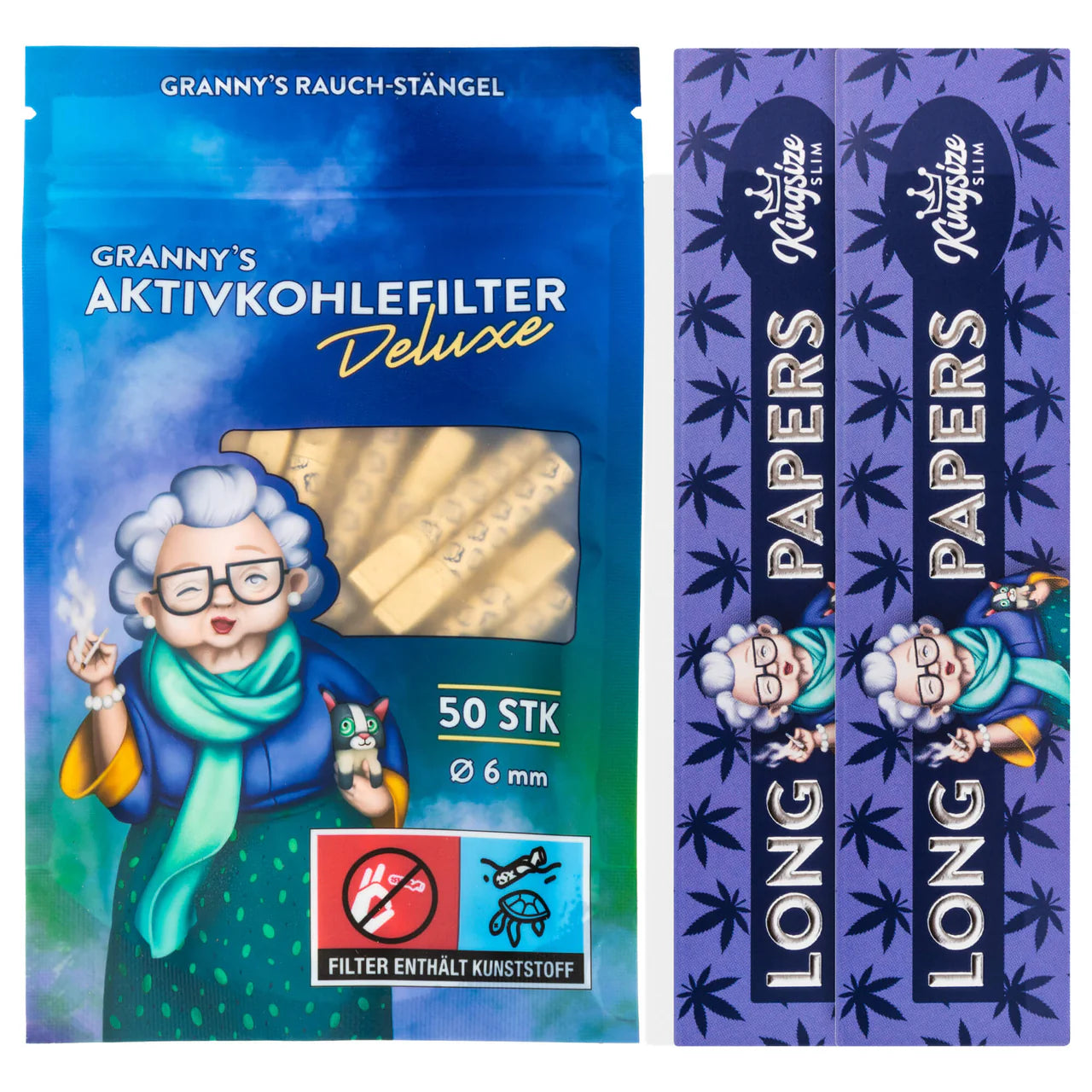 Packaging of Granny's Hybrid Deluxe Filter with an illustration of an elderly woman smoking a cigarette.