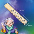 Illustration of an elderly woman smoking a cigarette with a rolling paper tube labeled '39 mm' and '6 mm' on a gradient background.