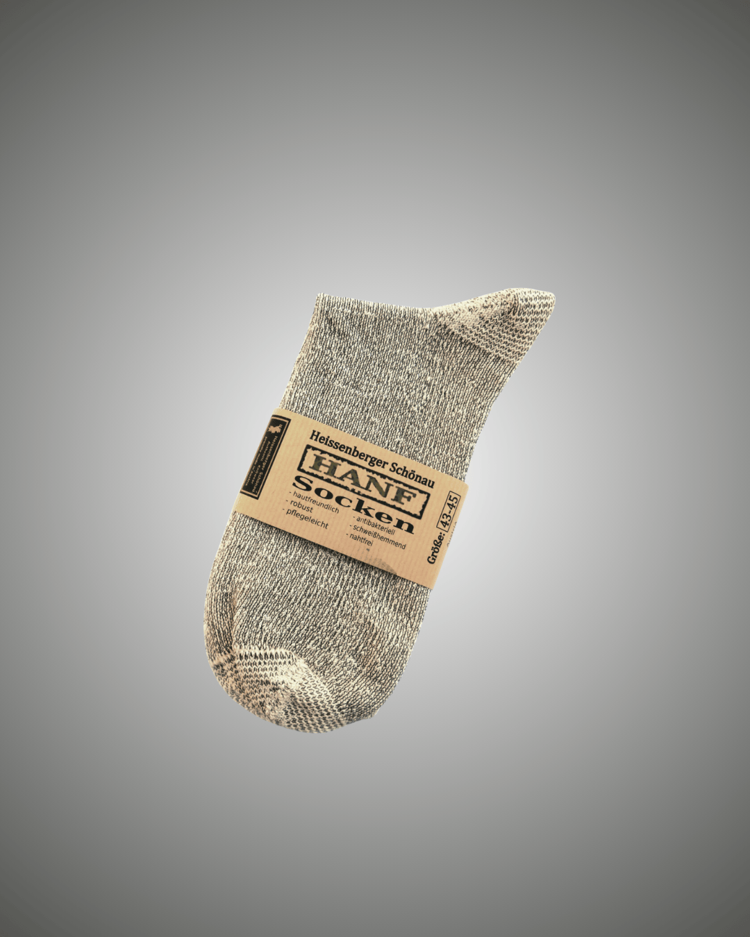 Gray hemp socks with a label on a gray background