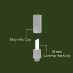 Diagram of a magnetic cap and 16 mm ceramic hot knife on a green background