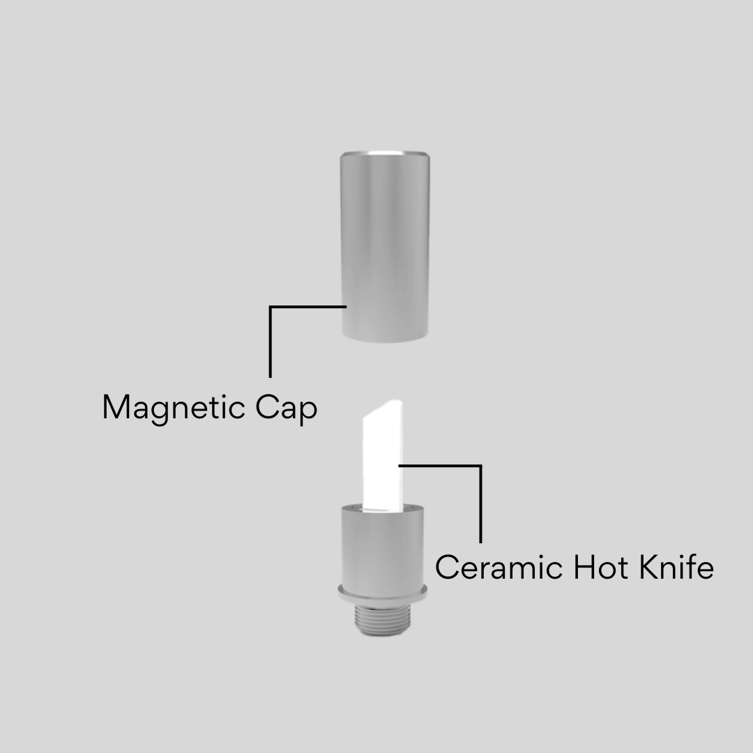 Diagram of a ceramic hot knife with labeled parts on a gray background
