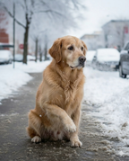 AI Image of a Golden retriever sitting on a snowy street in desperate need of some paw protection balm.