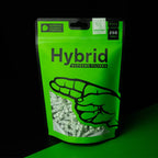 Green package of Hybrid Supreme Filters with a hand holding filters illustration on a black background
