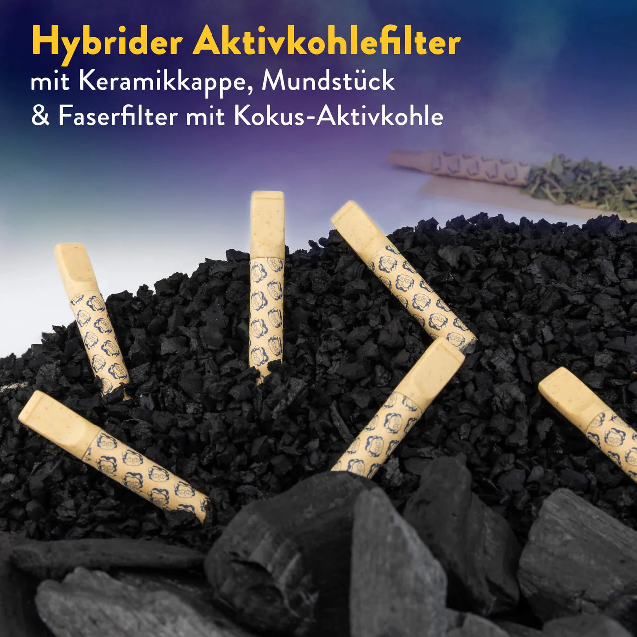 Hybrid activated carbon filter with ceramic cap and fiber filter on a mountain of active charcole