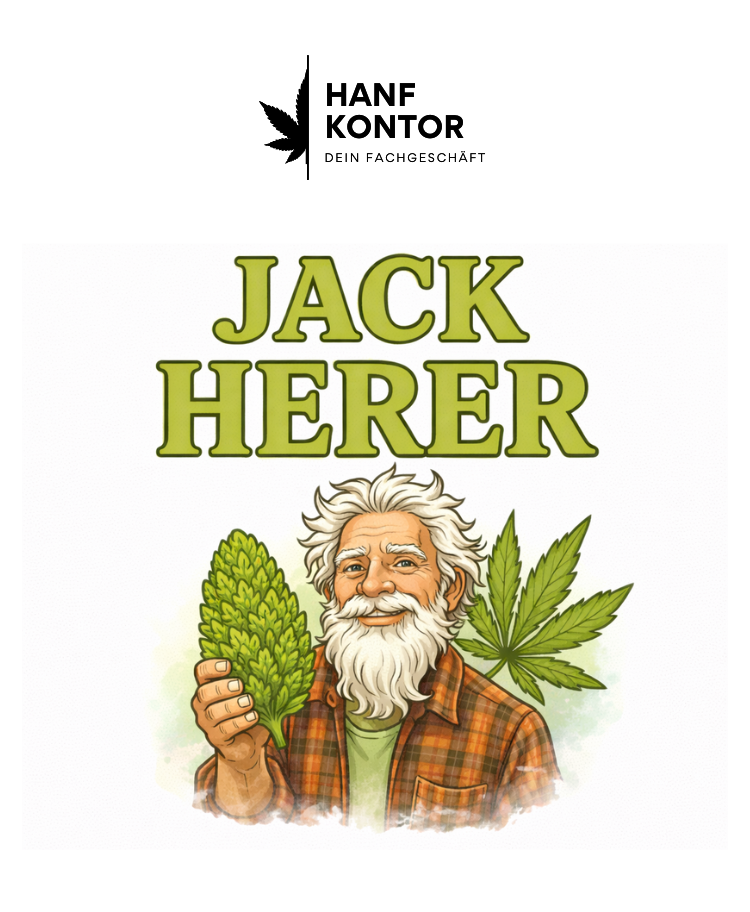 Advertisement for Jack Herer cannabis product with cartoon character holding cannabis leaves and text about T-X percentages.