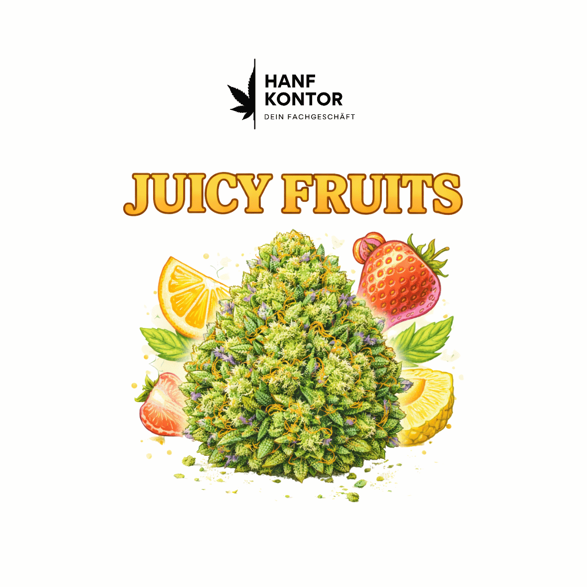 Product packaging with cannabis buds surrounded by fruits and 'HANF KONTOR' branding.