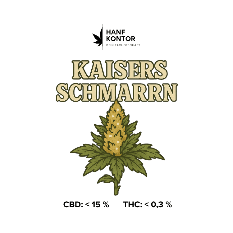 Kaisers Schmarrn Mini Buds with branding and percentages on a white background