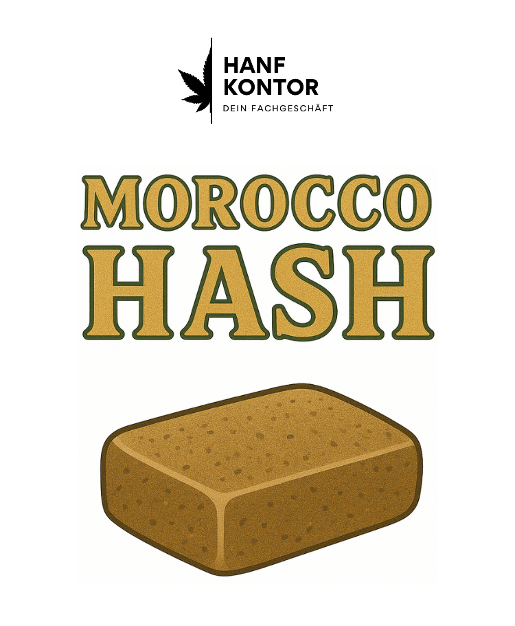 Advertisement for Morocco Hash with a block of hash and product details on a white background.