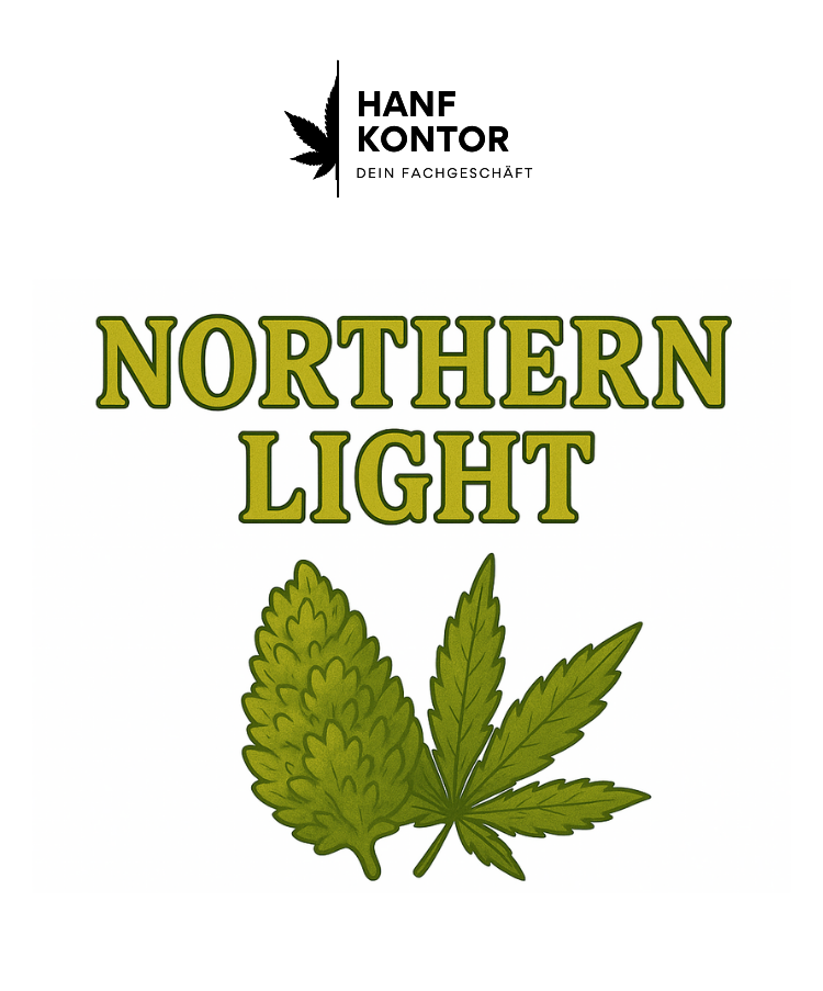 Advert for 'Northern Light' cannabis product with leaf illustration and pricing information.