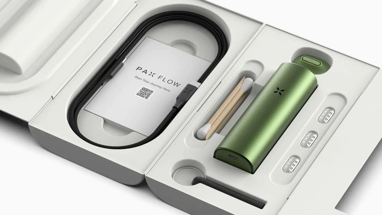 Pax Flow device in packaging with a green device and white box.