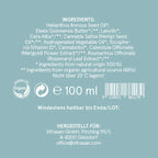 Product label with ingredients list and branding on a light blue background
