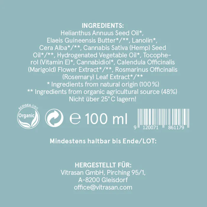 Product label with ingredients list and branding on a light blue background