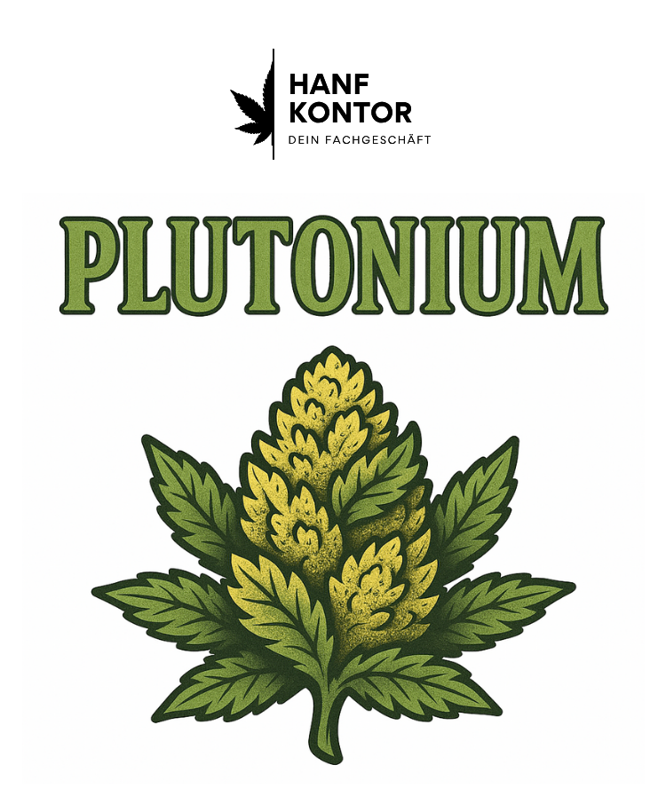 Cannabis leaf with branding and product details on a white background