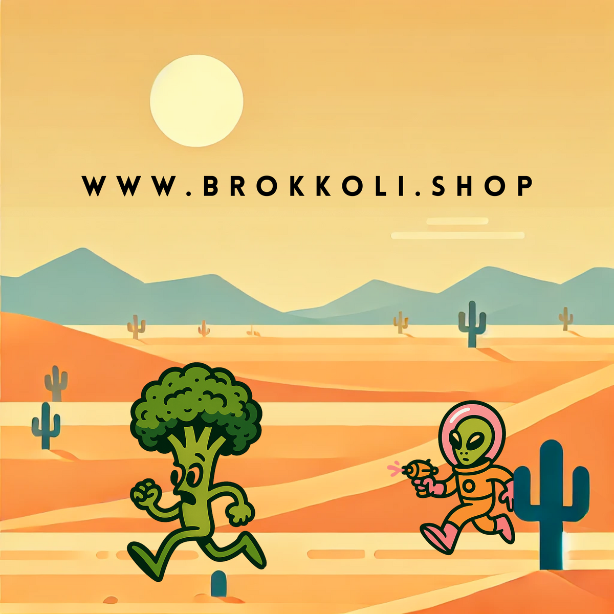 A sticker design featuring an illustration of a broccoli character with a human-like figure in a desert landscape with cacti and mountains.