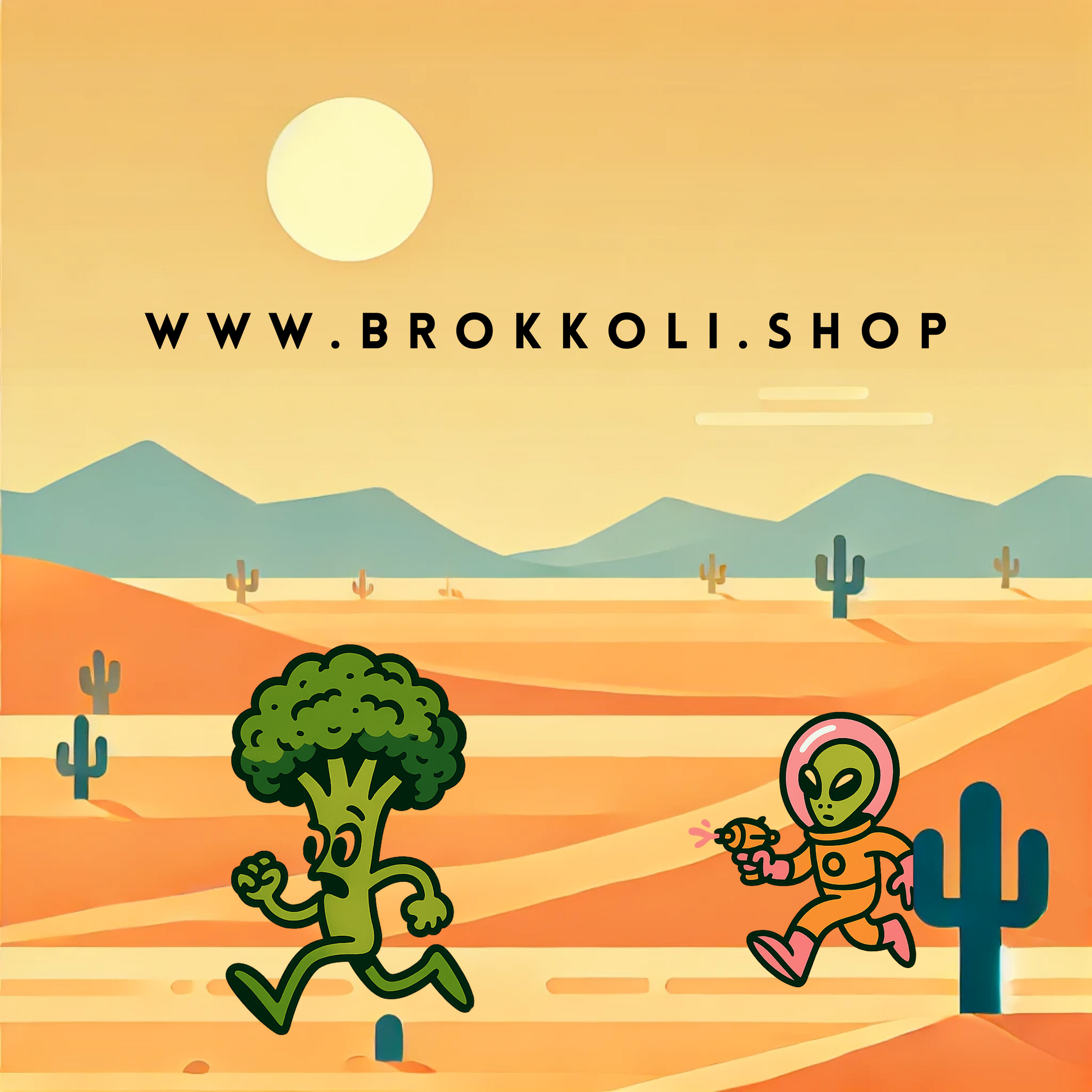 A sticker design featuring an illustration of a broccoli character with a human-like figure in a desert landscape with cacti and mountains.