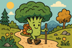 Cartoon broccoli character on a hiking trip in a scenic landscape.