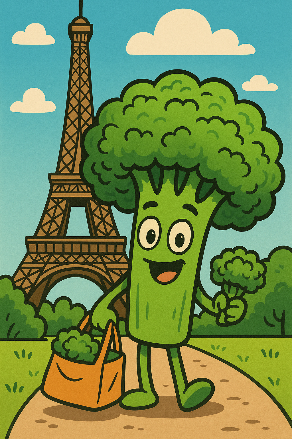 Cartoon broccoli character with Eiffel Tower and shopping bag in background