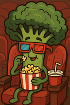Cartoon broccoli character watching movie with popcorn and soda.