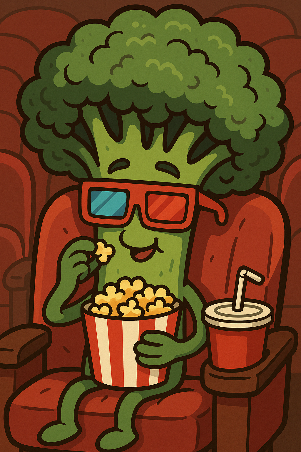 Cartoon broccoli character watching movie with popcorn and soda.