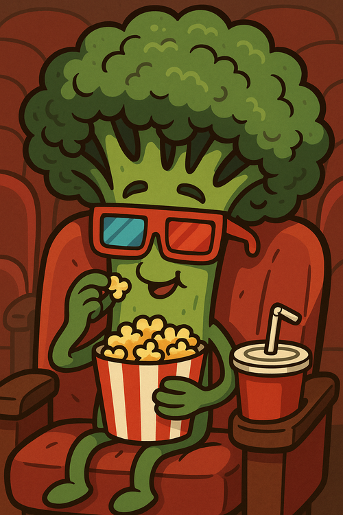 Cartoon broccoli character watching movie with popcorn and soda.