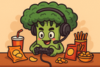 Cartoon broccoli character with gaming headset and snacks on a table.