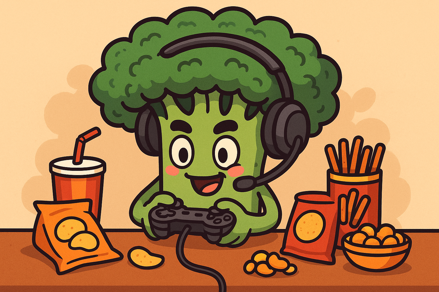 Cartoon broccoli character with gaming headset and snacks on a table.