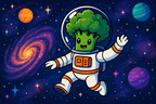 Cartoon broccoli character in astronaut suit in space with planets.