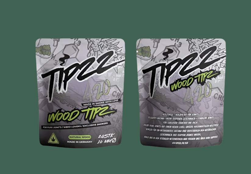 Two packages of Tipzz Wood Tipz with branding and product details on a green background