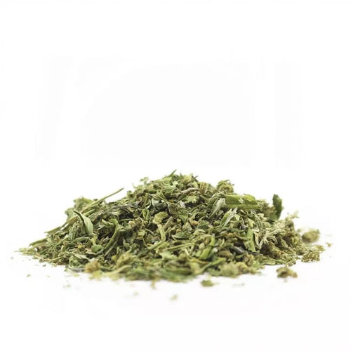 Dried green bud trim on a white background