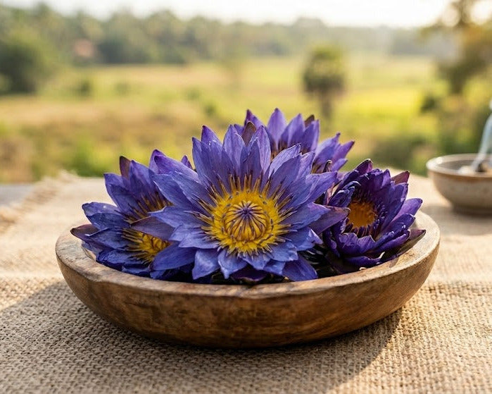 Blauer Lotus in Holzschale. Im Hintergrund eine schöne Landschaft 