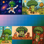 A collection of five stickers featuring a cartoon broccoli character in various playful situations, including space exploration, hiking, enjoying food, wearing headphones, and reading a book.