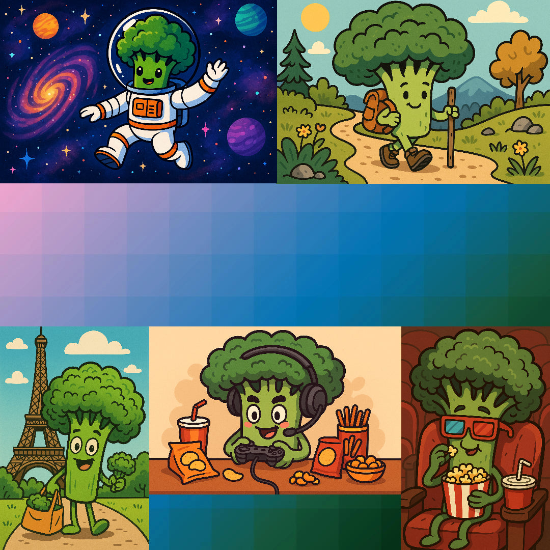 A collection of five stickers featuring a cartoon broccoli character in various playful situations, including space exploration, hiking, enjoying food, wearing headphones, and reading a book.