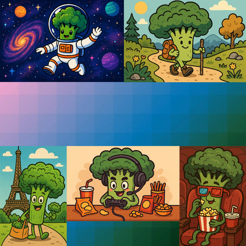 A collection of five stickers featuring a cartoon broccoli character in various playful situations, including space exploration, hiking, enjoying food, wearing headphones, and reading a book.